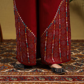 Red Cotton Bengal Kantha Hand Embroidery Palazzo