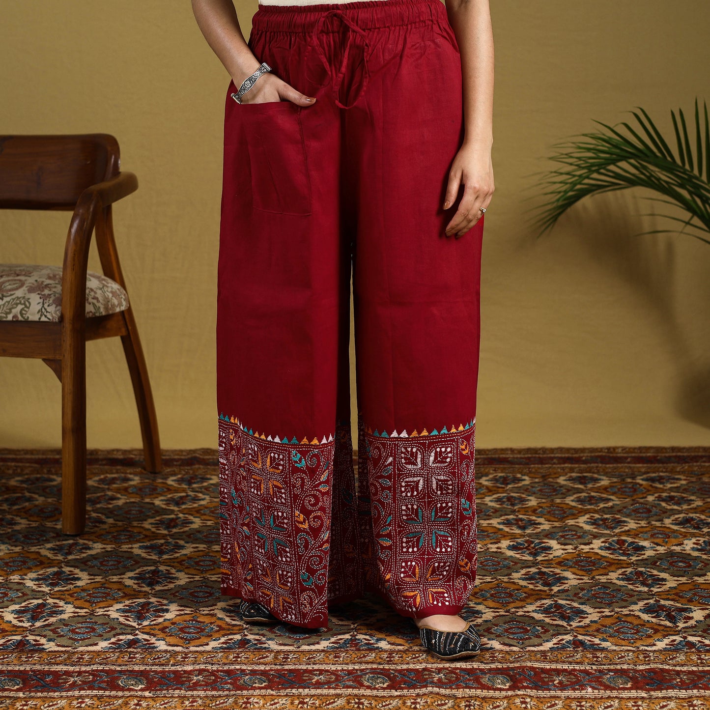 Red - cotton bengal kantha hand embroidery palazzo 42