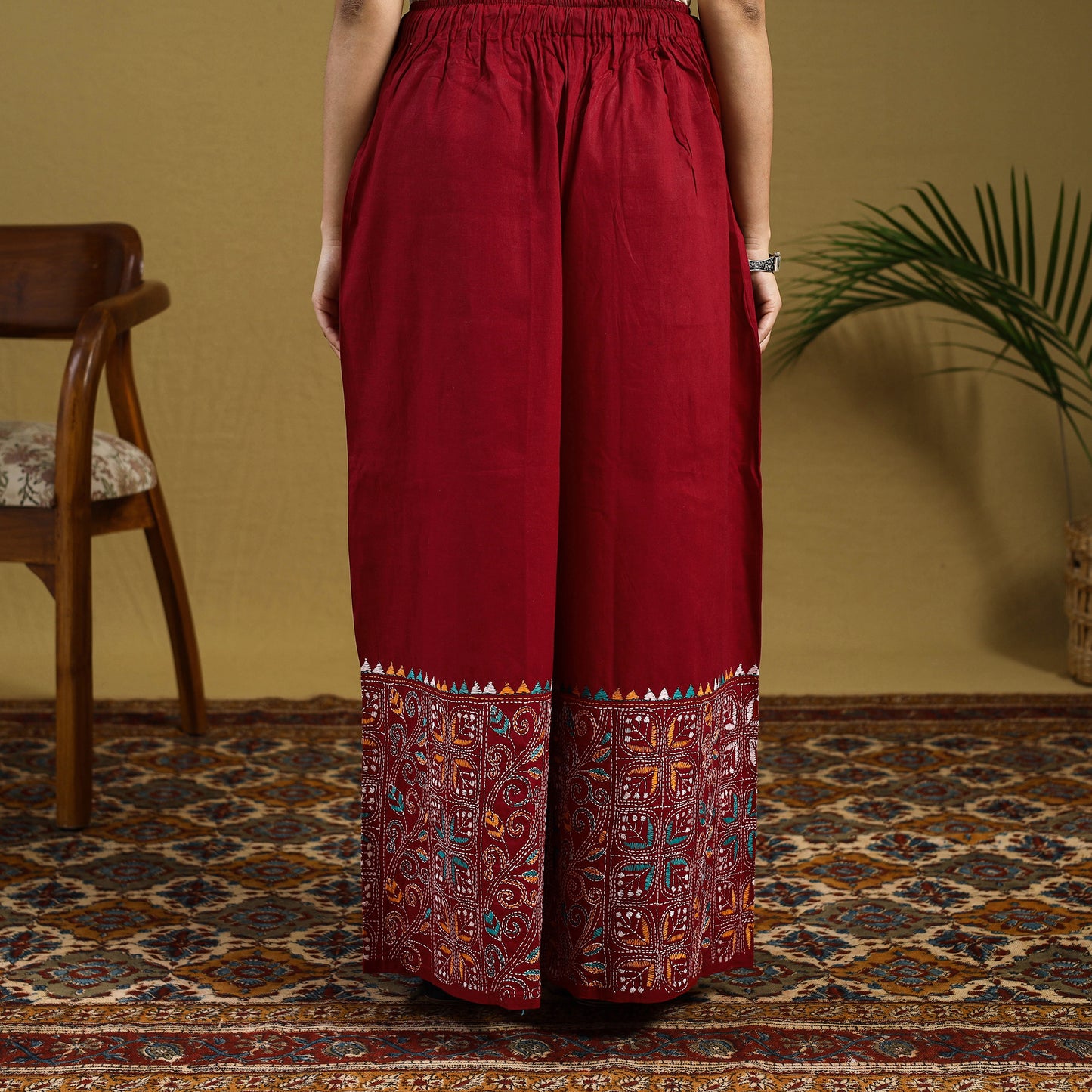 Red - cotton bengal kantha hand embroidery palazzo 42