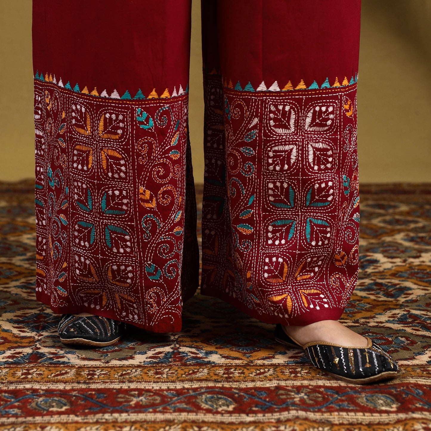 Red - cotton bengal kantha hand embroidery palazzo 42