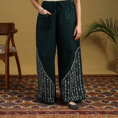 Green Cotton Bengal Kantha Hand Embroidery Palazzo