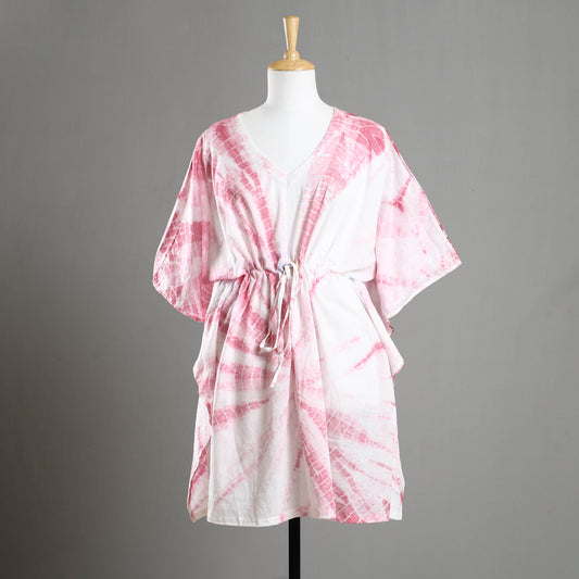 Pink - Shibori Tie-Dye Cotton Kaftan with Tie-Up Waist (Medium)