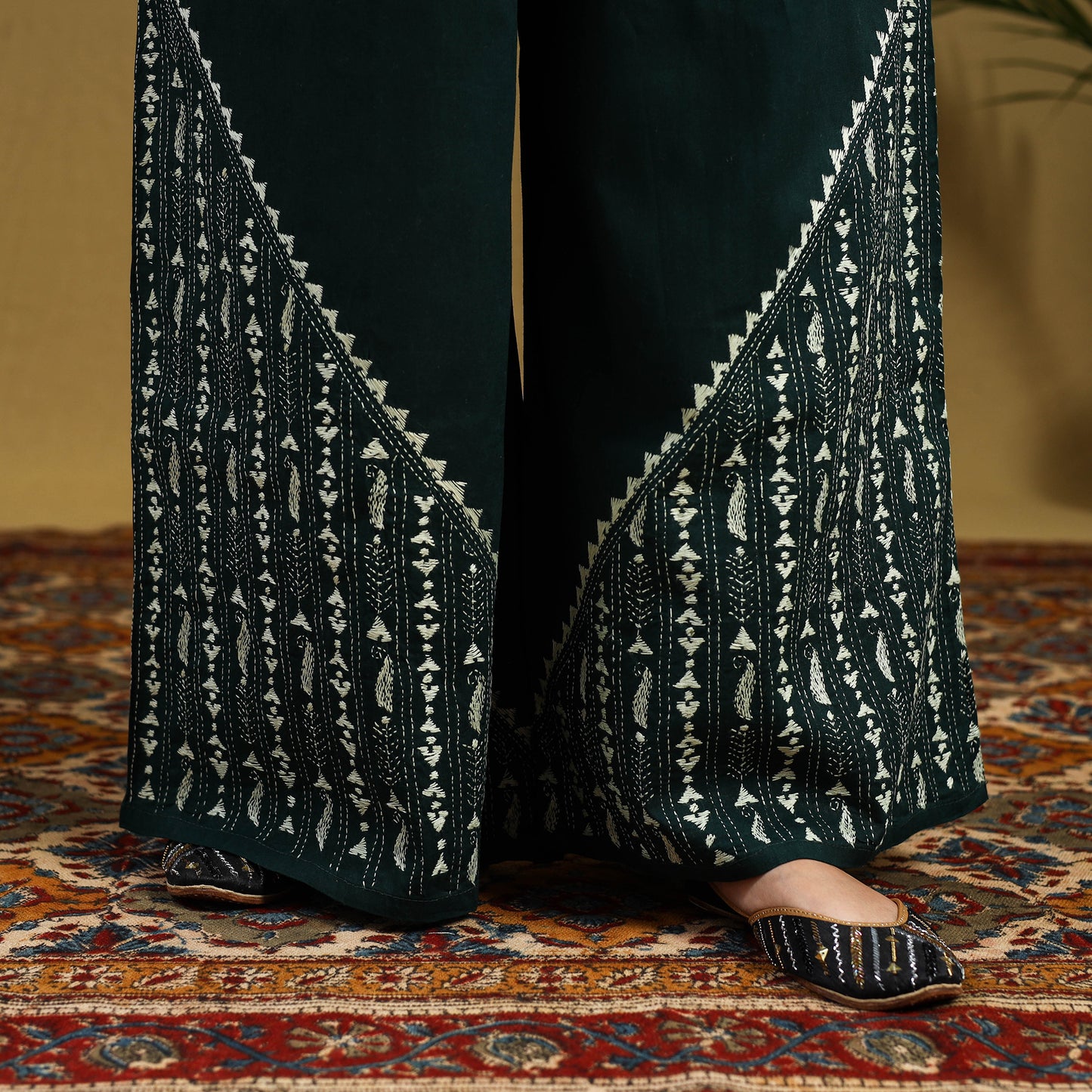 Green Cotton Bengal Kantha Hand Embroidery Palazzo