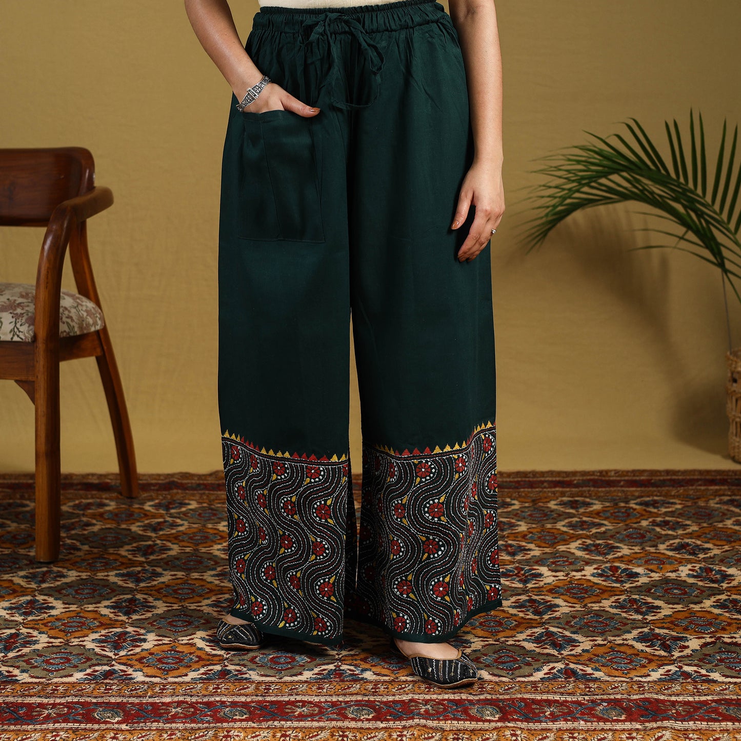 Buy Green Cotton Bengal Kantha Hand Embroidery Palazzo