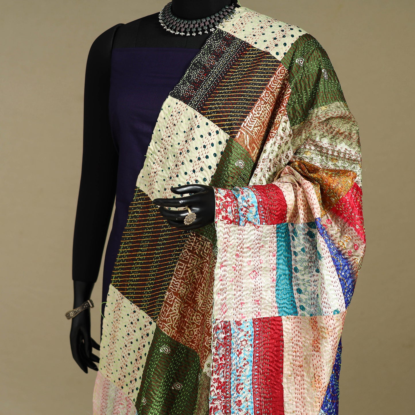 Multicolor - patchwork reversible silk bengal kantha work