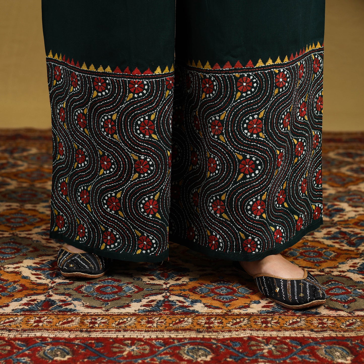 Buy Green Cotton Bengal Kantha Hand Embroidery Palazzo