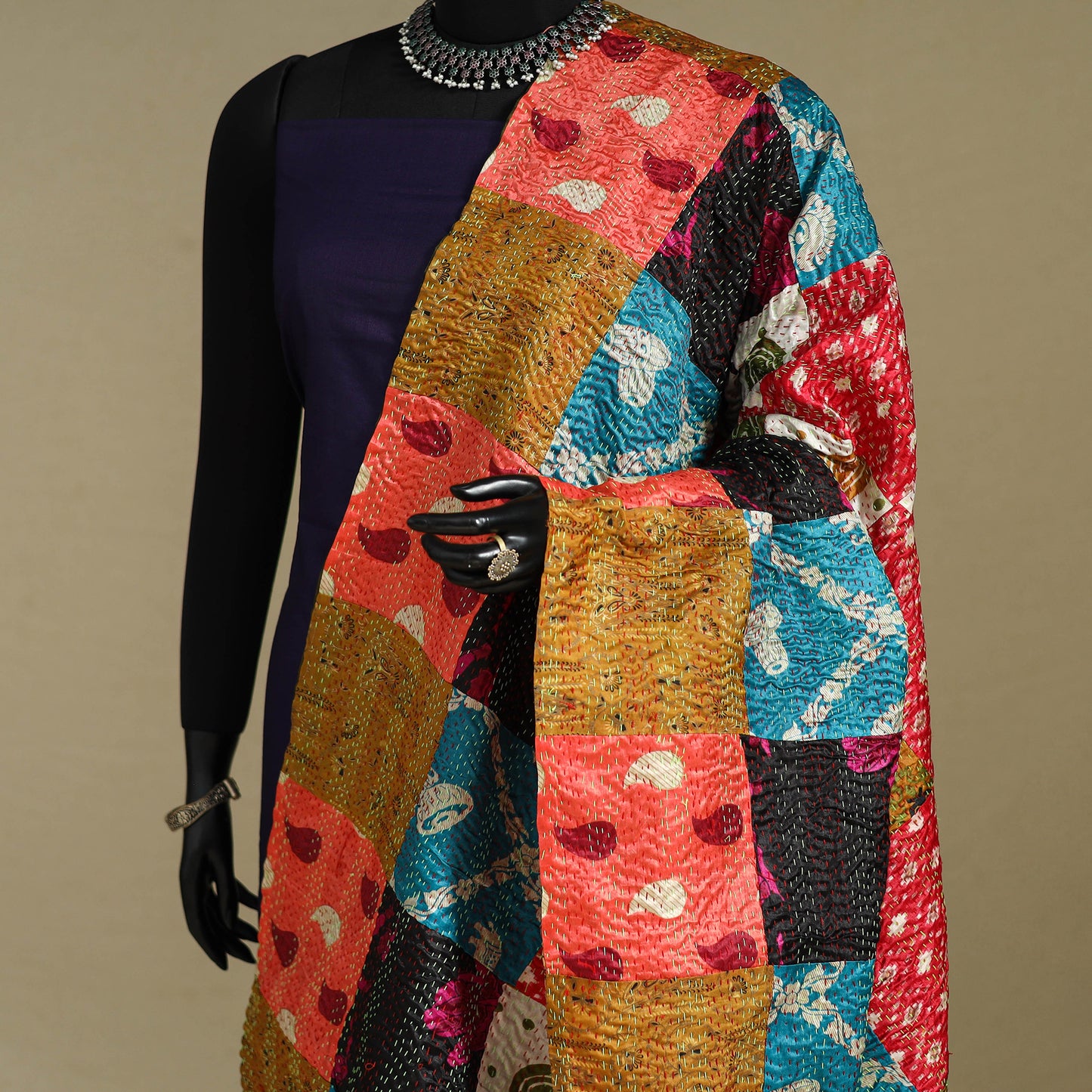 Multicolor - patchwork reversible silk bengal kantha work