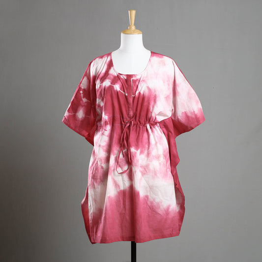 Pink - Shibori Tie-Dye Cotton Kaftan with Tie-Up Waist (Medium)