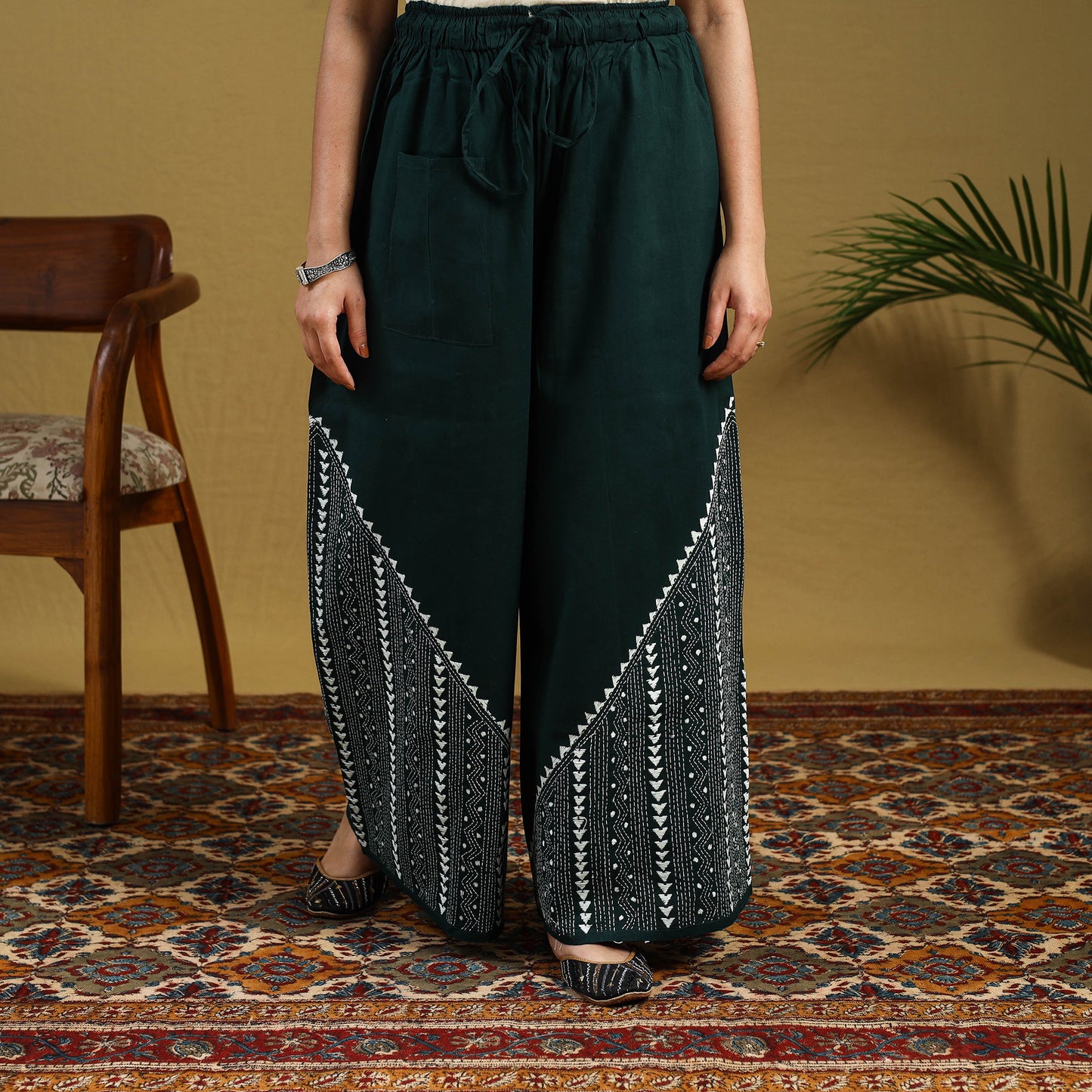 Green Cotton Bengal Kantha Hand Embroidery Palazzo