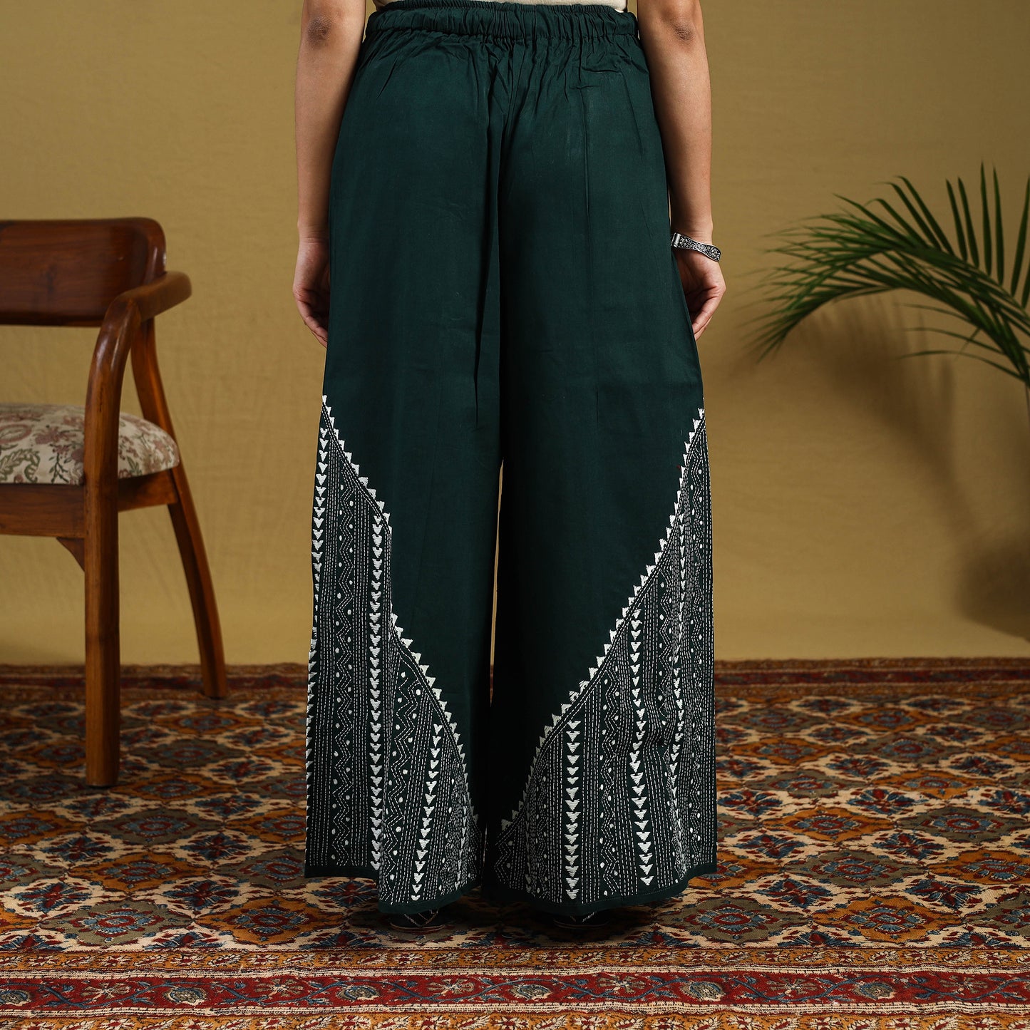 Green Cotton Bengal Kantha Hand Embroidery Palazzo