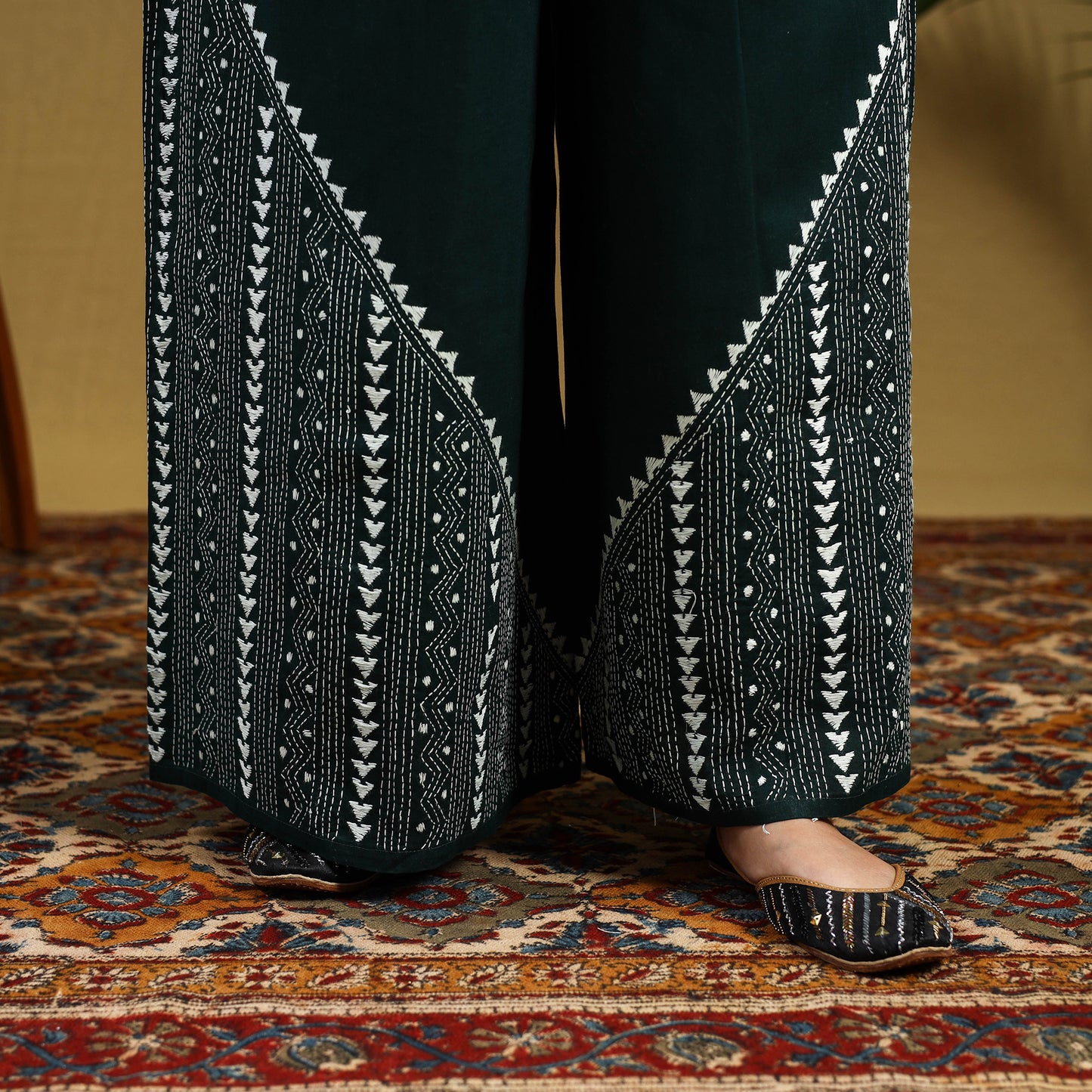 Green Cotton Bengal Kantha Hand Embroidery Palazzo