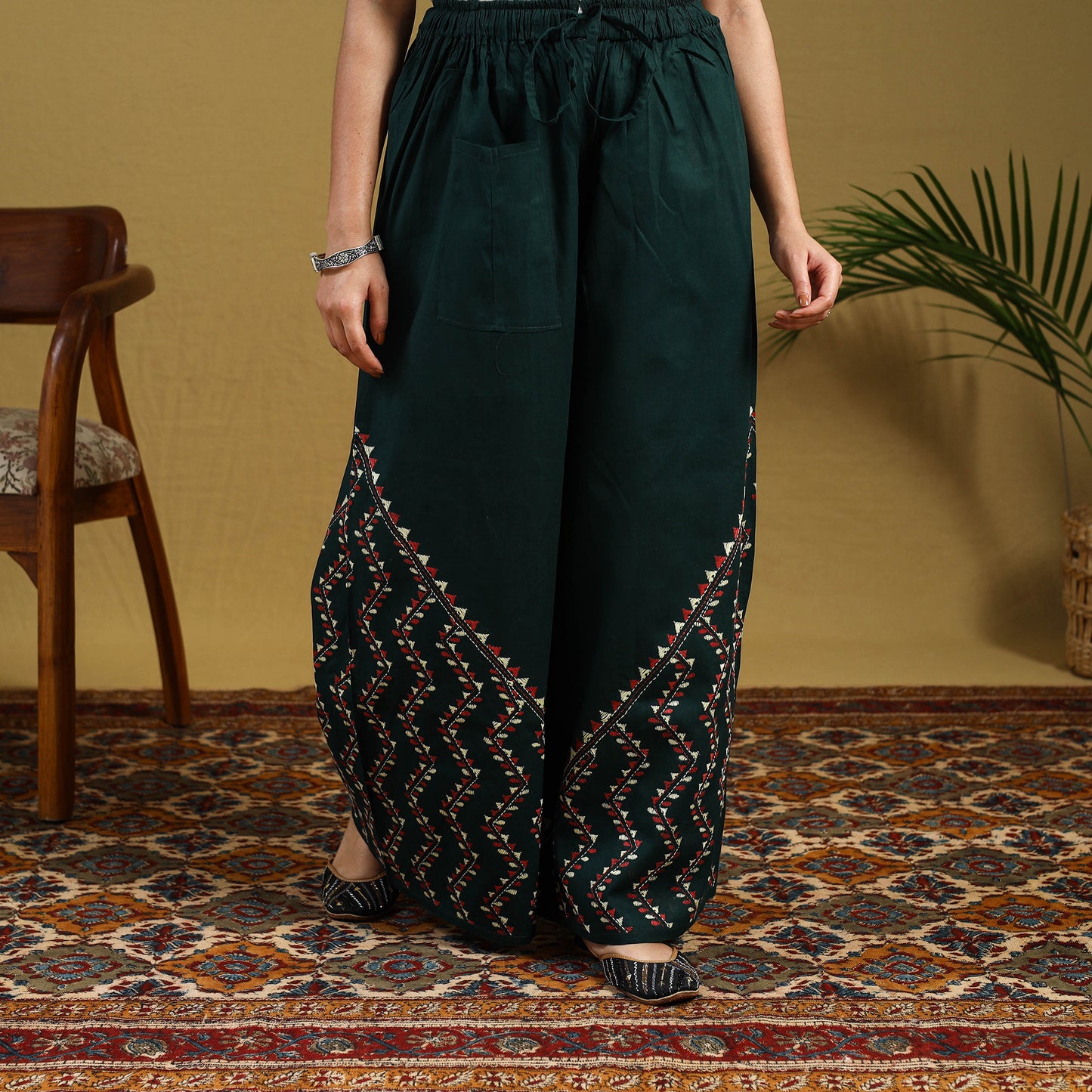 Buy Green Cotton Bengal Kantha Hand Embroidery Palazzo