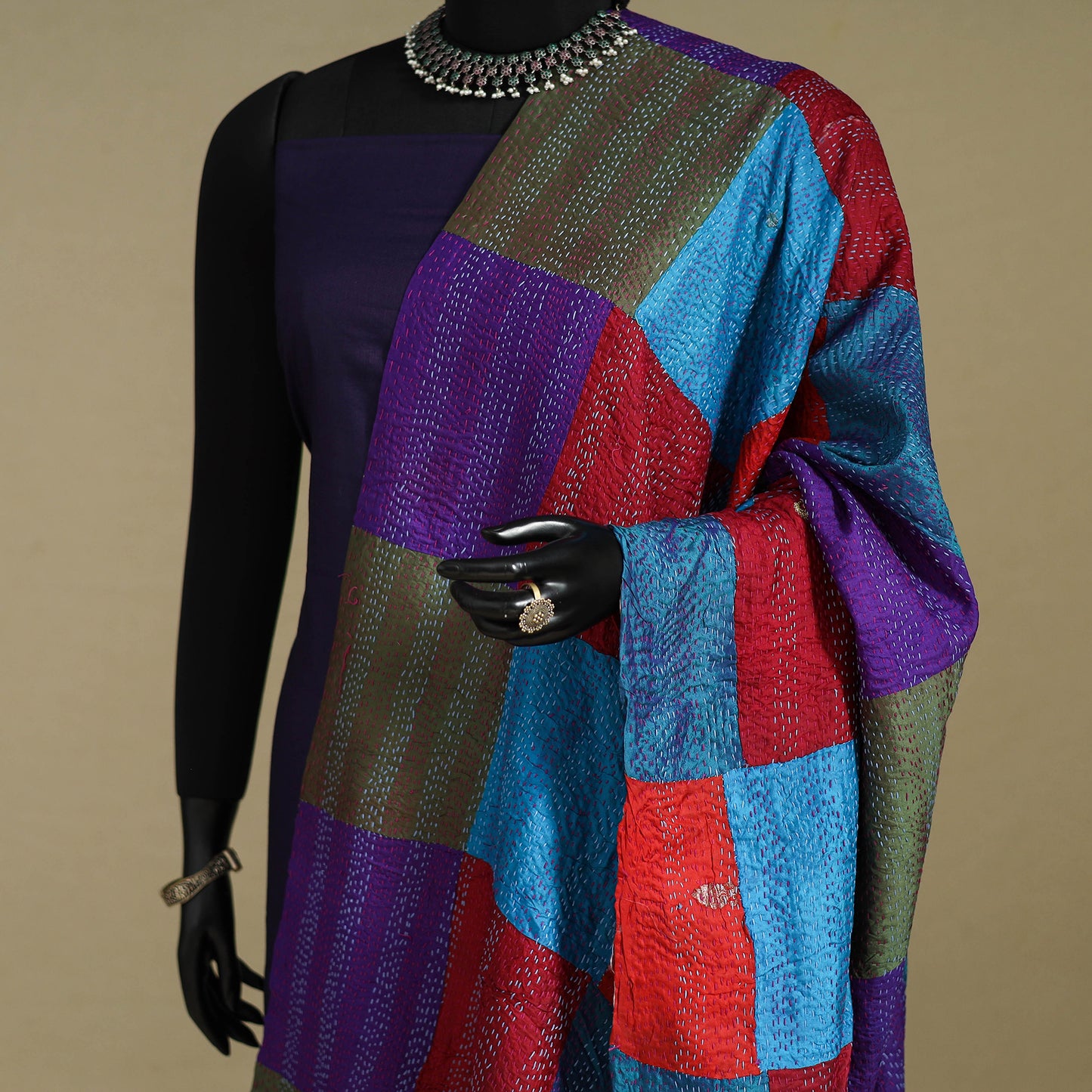 Multicolor - patchwork reversible silk bengal kantha work