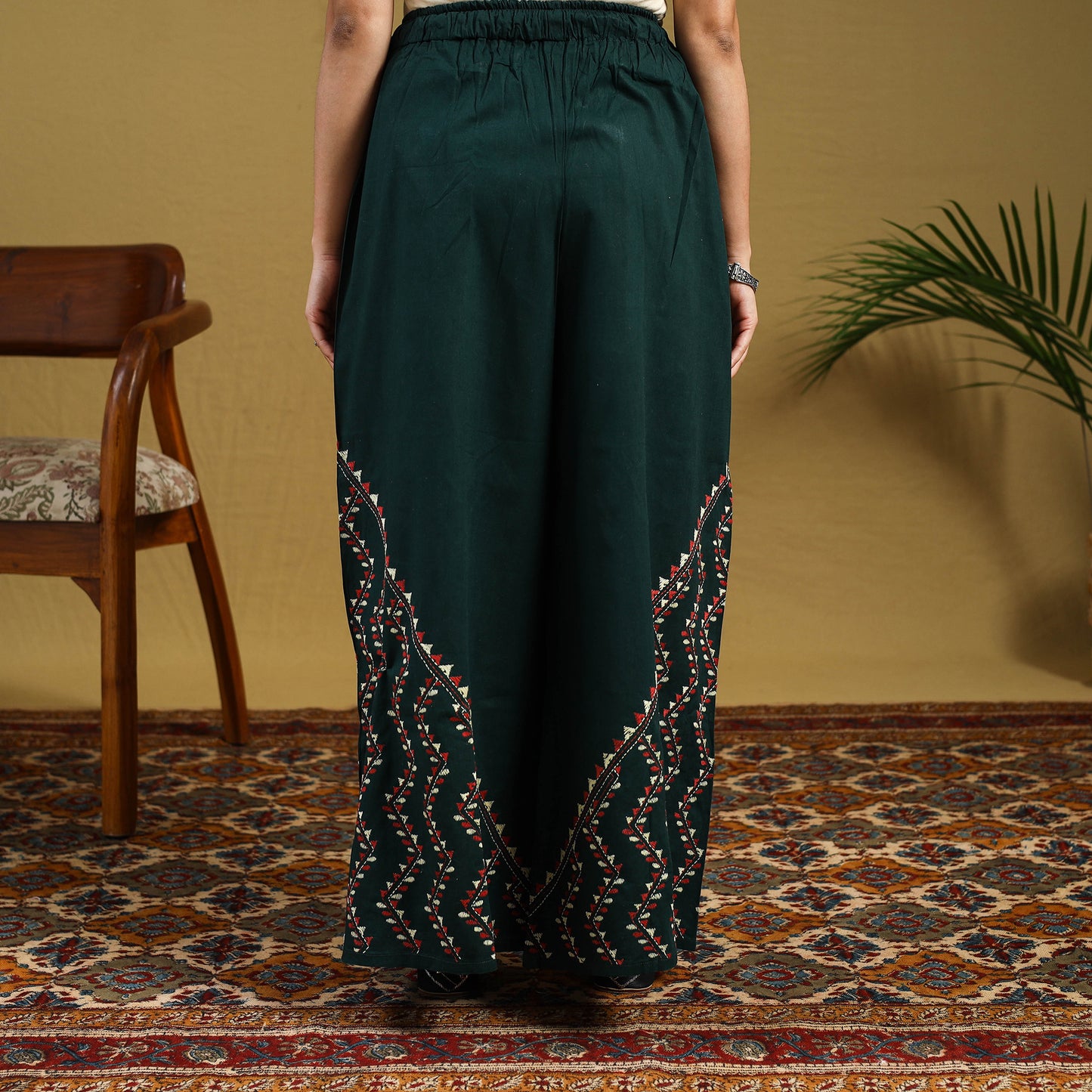 Buy Green Cotton Bengal Kantha Hand Embroidery Palazzo