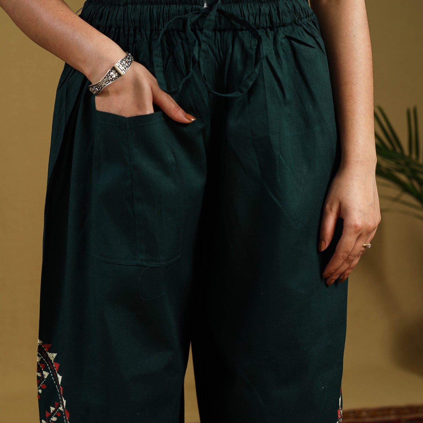 Buy Green Cotton Bengal Kantha Hand Embroidery Palazzo