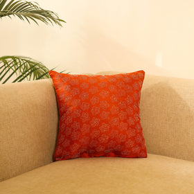 Orange Bengal Kantha Work Reversible Silk Cushion Cover