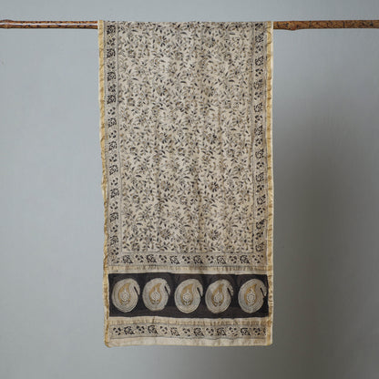 Beige - Pedana Kalamkari Block Printed Chanderi Silk Stole With Zari Border 22