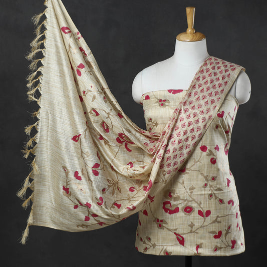 3pc Gold Block Printed Silk Cotton Handloom Suit Material Set 02