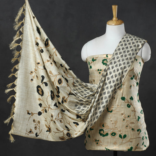 3pc Gold Block Printed Silk Cotton Handloom Suit Material Set 03