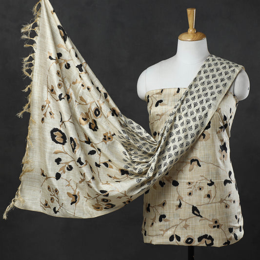 3pc Gold Block Printed Silk Cotton Handloom Suit Material Set 04