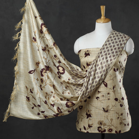 3pc Gold Block Printed Silk Cotton Handloom Suit Material Set 05
