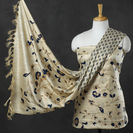 3pc Gold Block Printed Silk Cotton Handloom Suit Material Set 06
