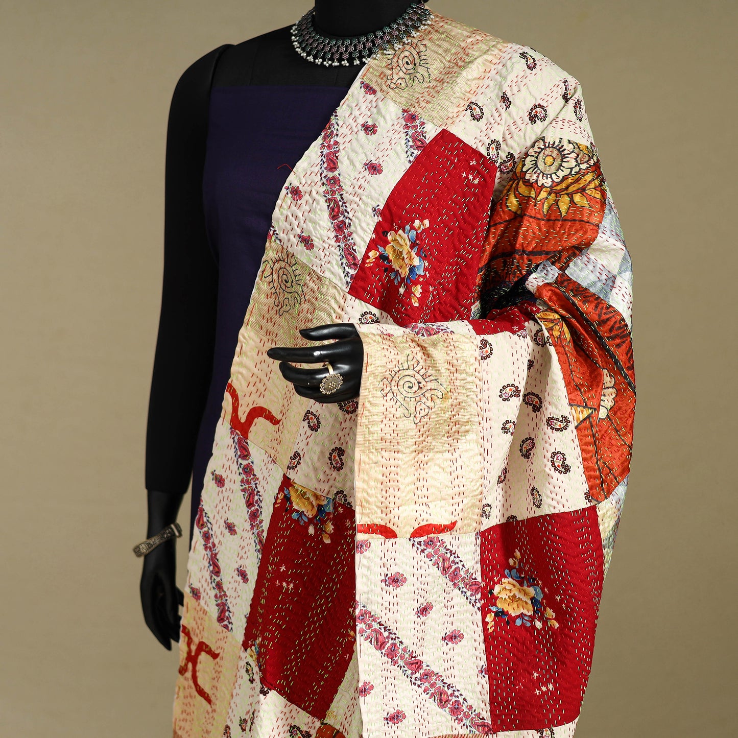 Multicolor - patchwork reversible silk bengal kantha work