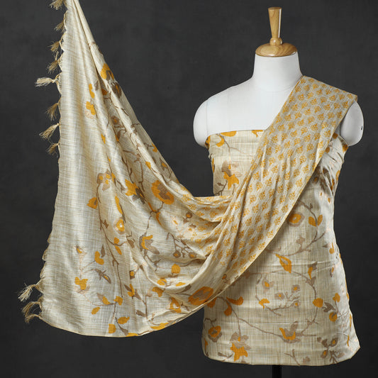 3pc Gold Block Printed Silk Cotton Handloom Suit Material Set 07