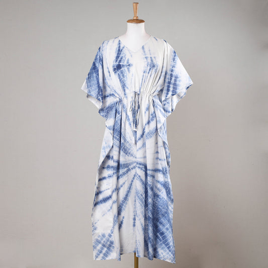 Blue - Shibori Tie-Dye Cotton Kaftan with Tie-Up Waist (Long)