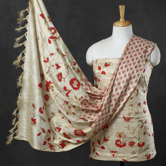 3pc Gold Block Printed Silk Cotton Handloom Suit Material Set 08