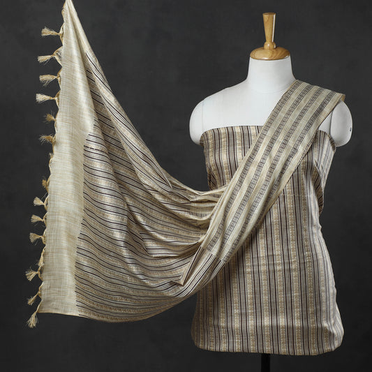 3pc Gold Block Printed Silk Cotton Handloom Suit Material Set 09