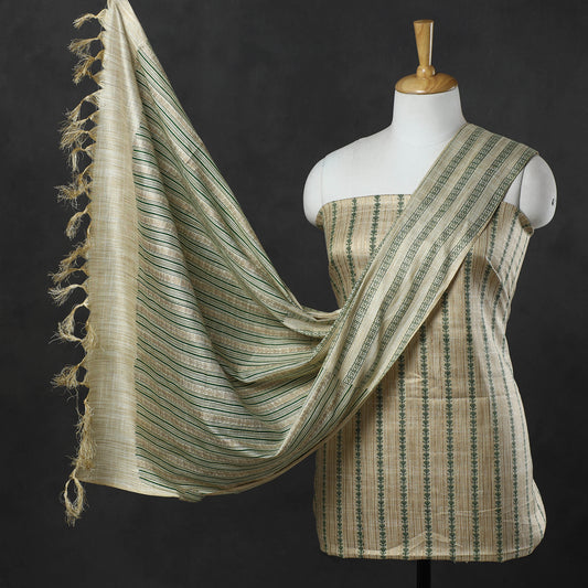 3pc Gold Block Printed Silk Cotton Handloom Suit Material Set 10