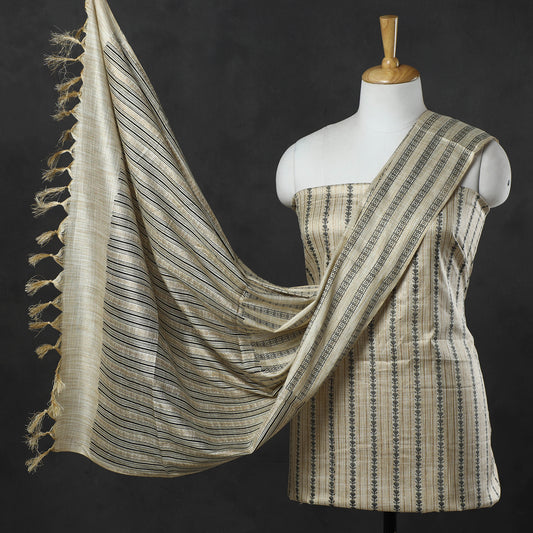 3pc Gold Block Printed Silk Cotton Handloom Suit Material Set 11