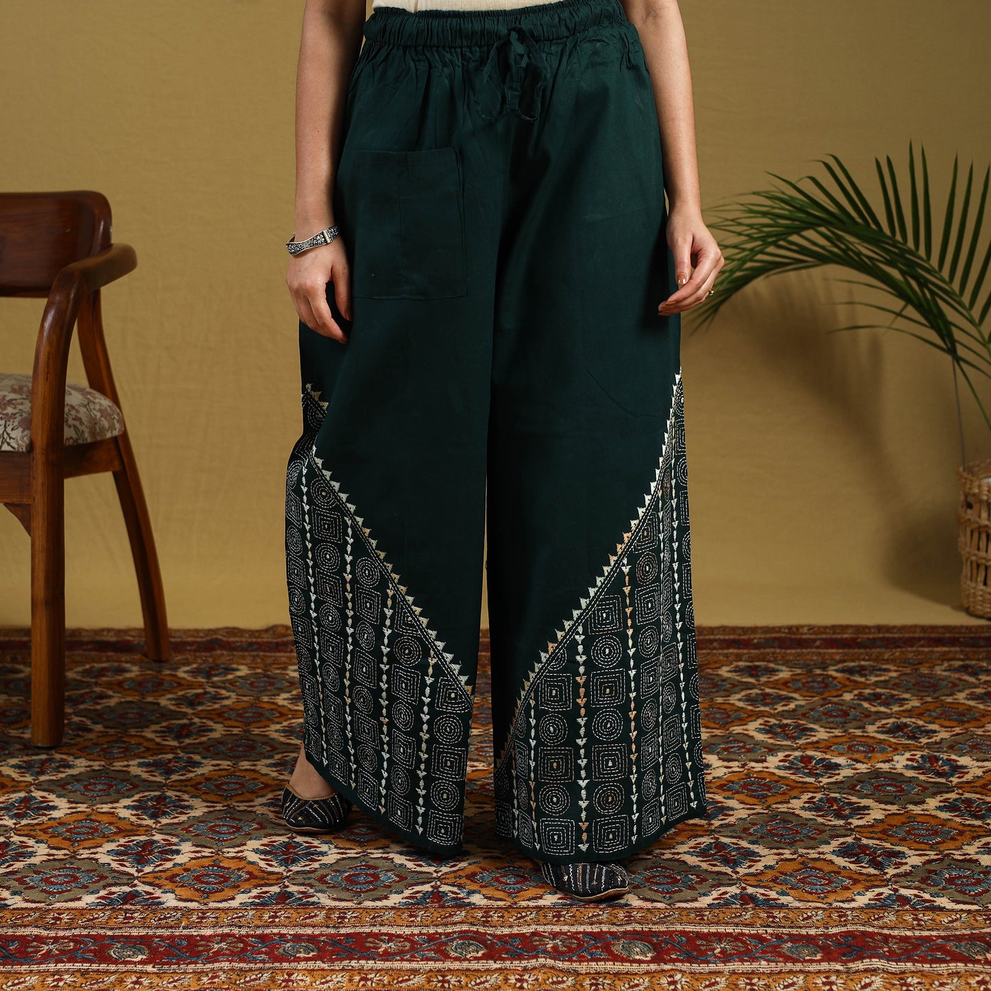  Green Cotton Bengal Kantha Hand Embroidery Palazzo