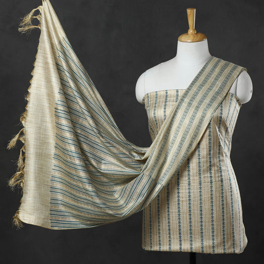 3pc Gold Block Printed Silk Cotton Handloom Suit Material Set 12