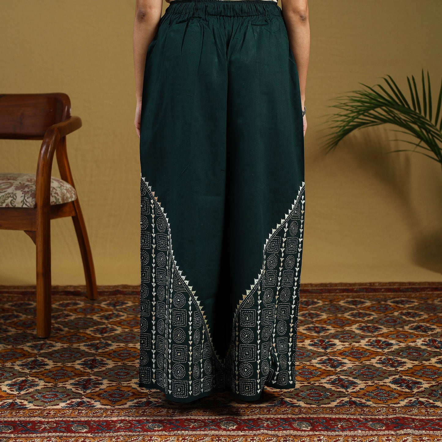  Green Cotton Bengal Kantha Hand Embroidery Palazzo