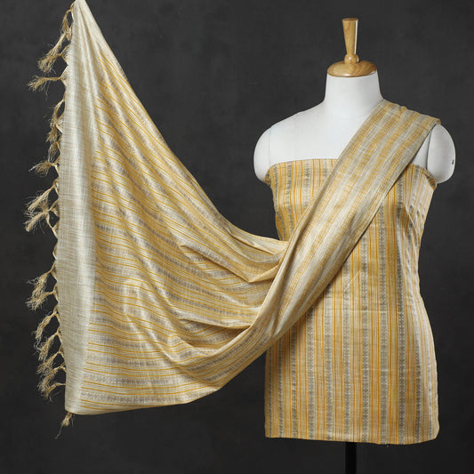 3pc Gold Block Printed Silk Cotton Handloom Suit Material Set 13