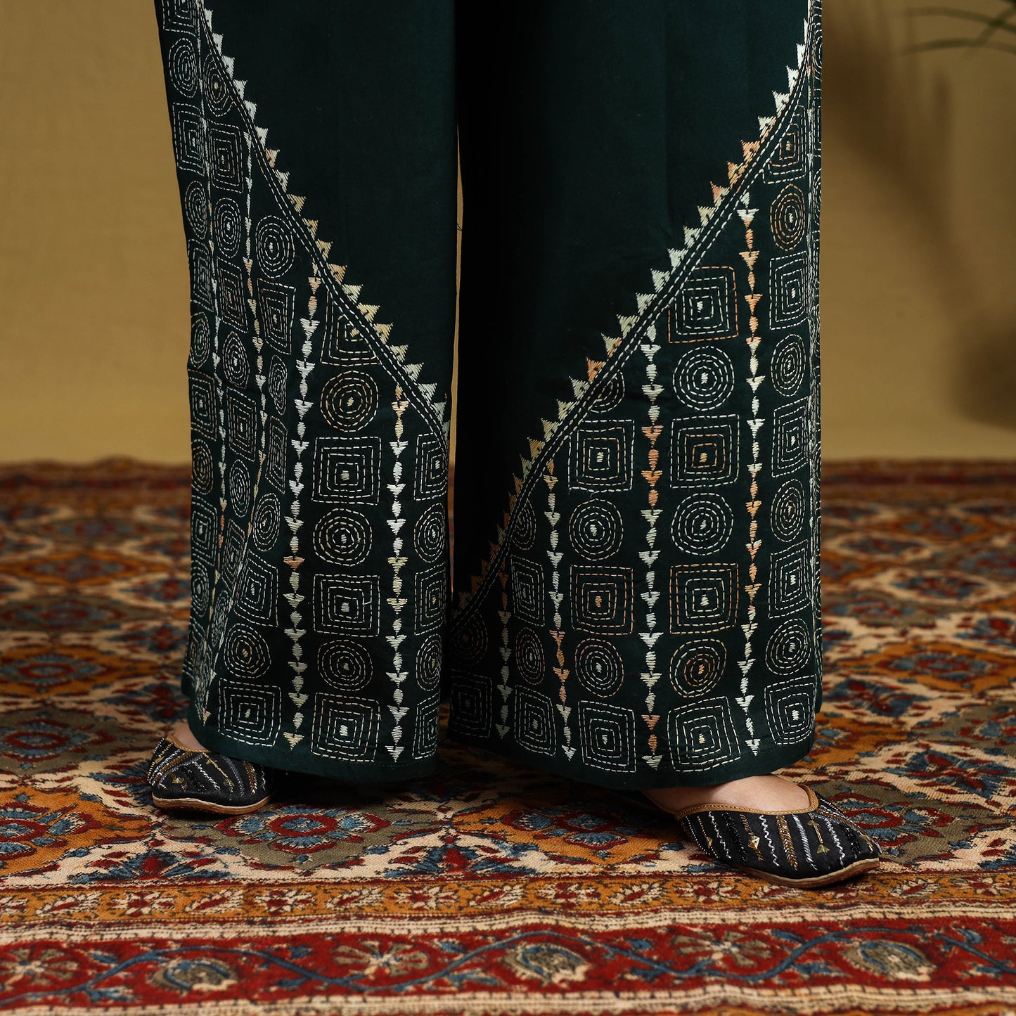  Green Cotton Bengal Kantha Hand Embroidery Palazzo