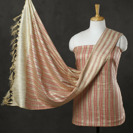 3pc Gold Block Printed Silk Cotton Handloom Suit Material Set 14