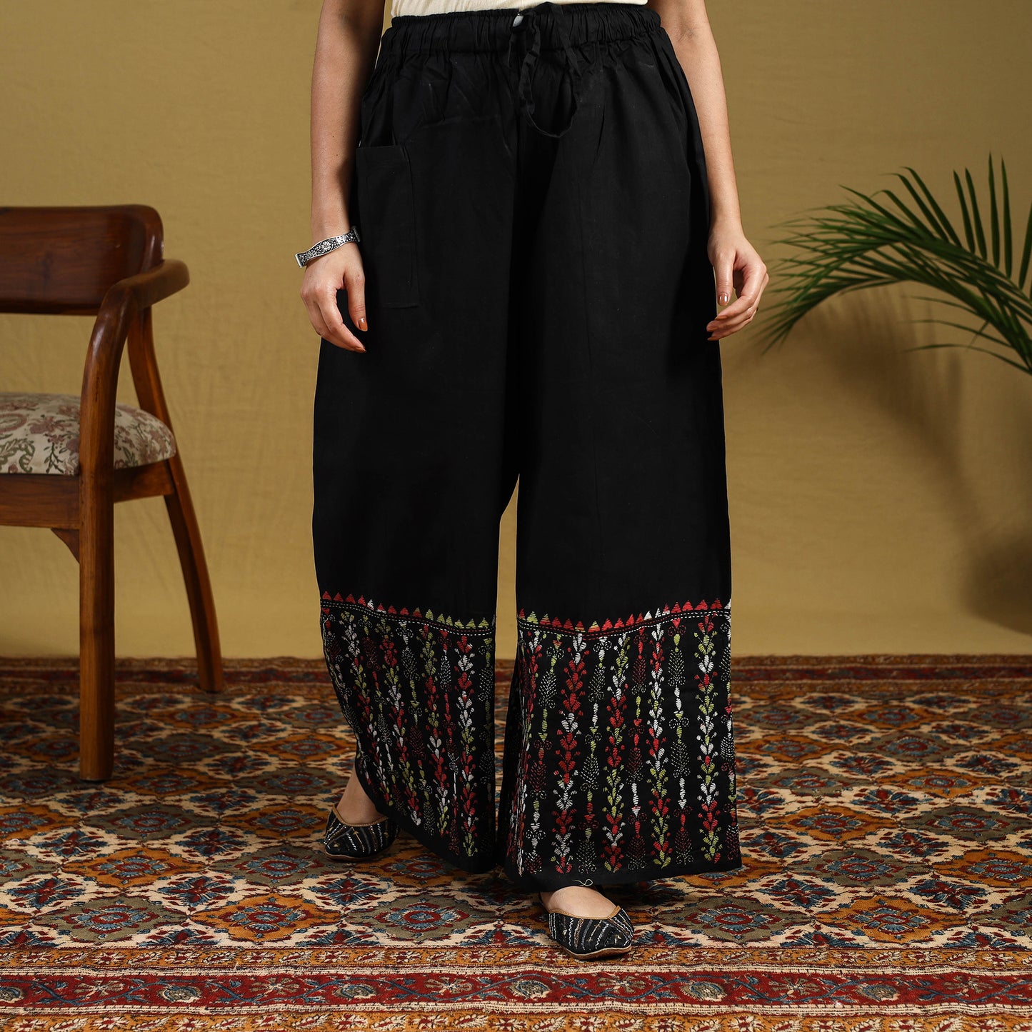 Black Cotton Bengal Kantha Hand Embroidery Palazzo