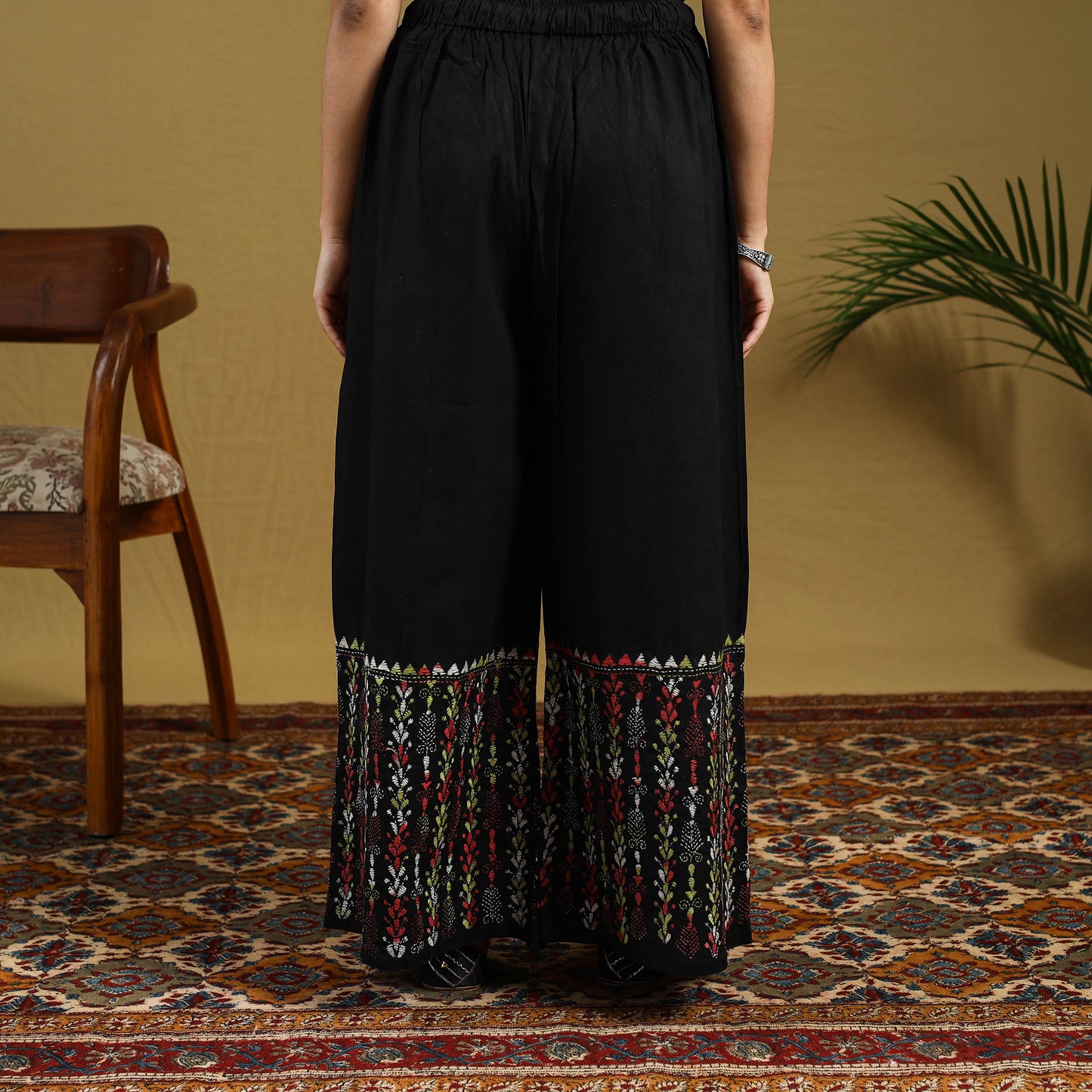 Black Cotton Bengal Kantha Hand Embroidery Palazzo