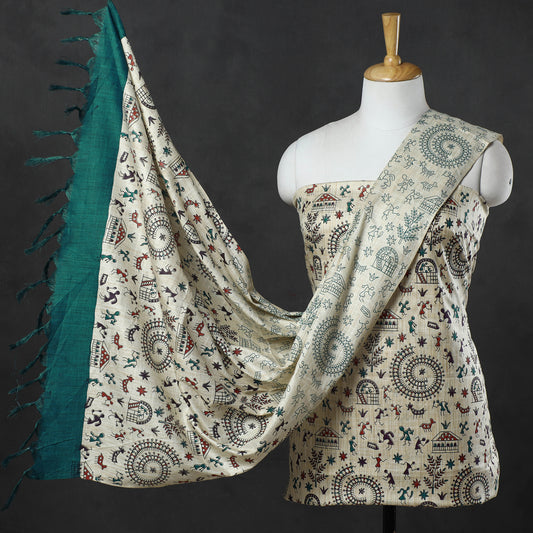3pc Warli Printed Silk Cotton Handloom Suit Material Set 15