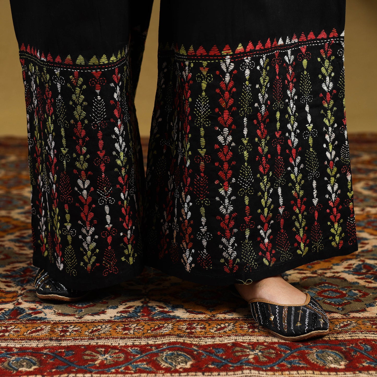 Black Cotton Bengal Kantha Hand Embroidery Palazzo