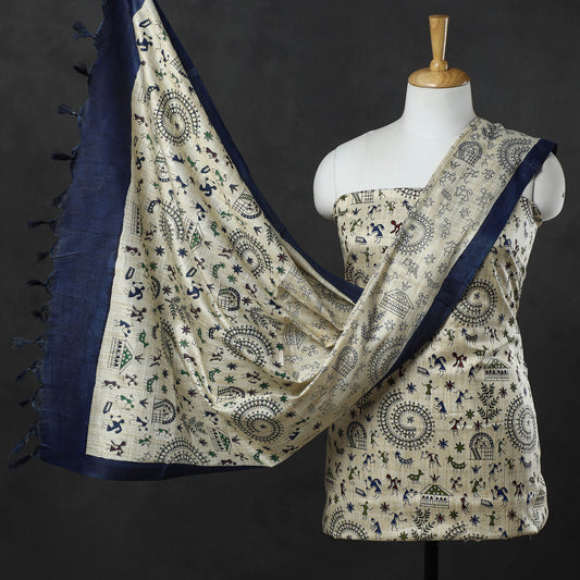 3pc Warli Printed Silk Cotton Handloom Suit Material Set 16