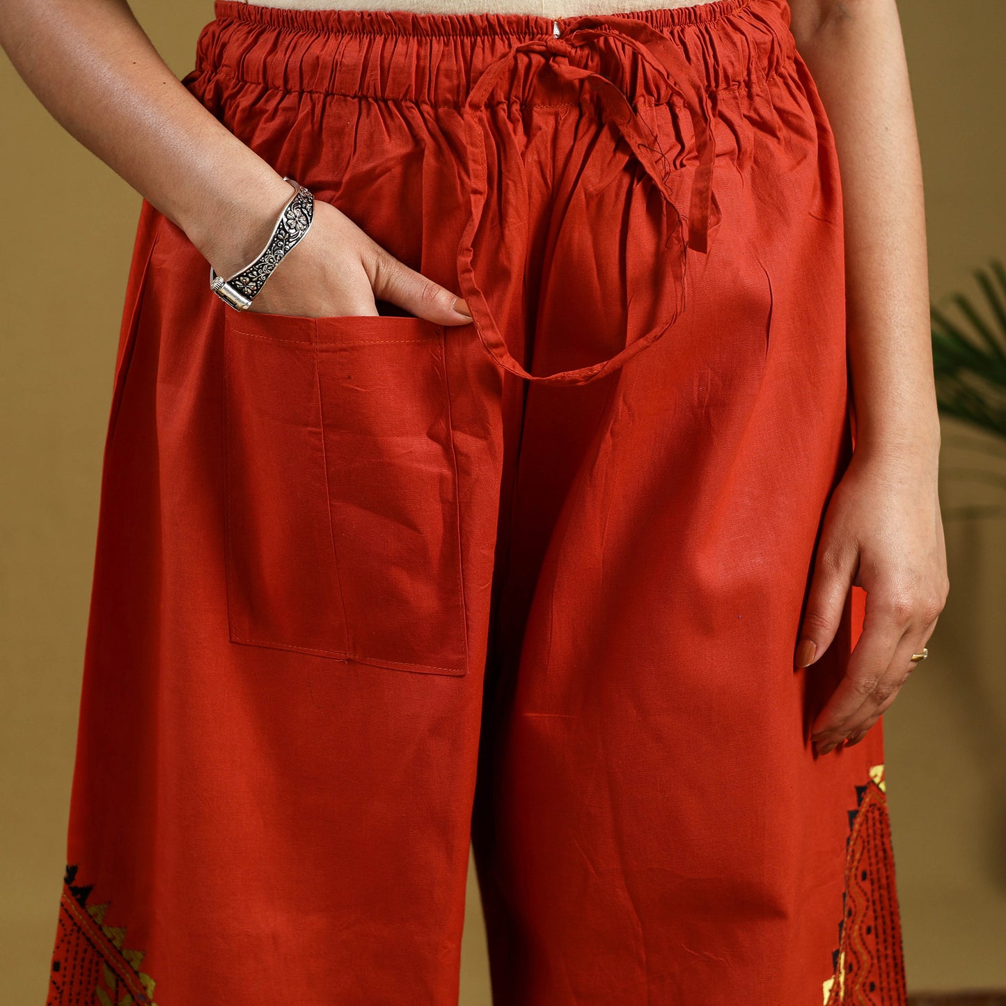 Buy Orange Cotton Bengal Kantha Hand Embroidery Palazzo