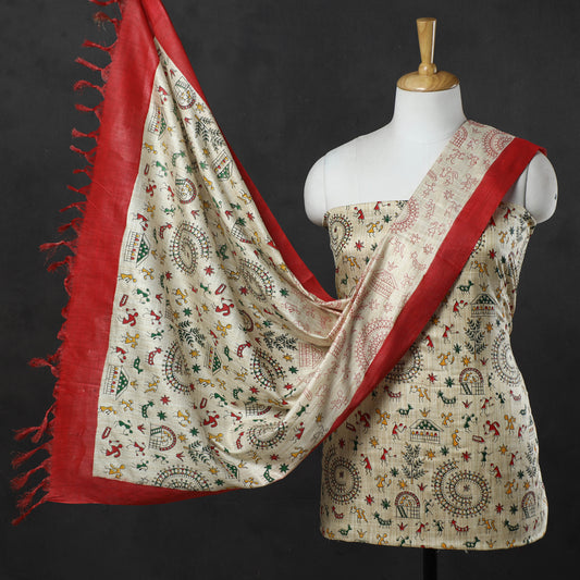 3pc Warli Printed Silk Cotton Handloom Suit Material Set 17