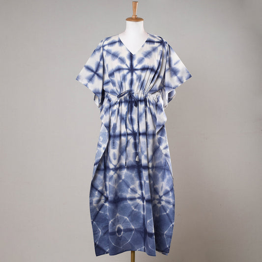 Blue - Shibori Tie-Dye Cotton Kaftan with Tie-Up Waist (Long)