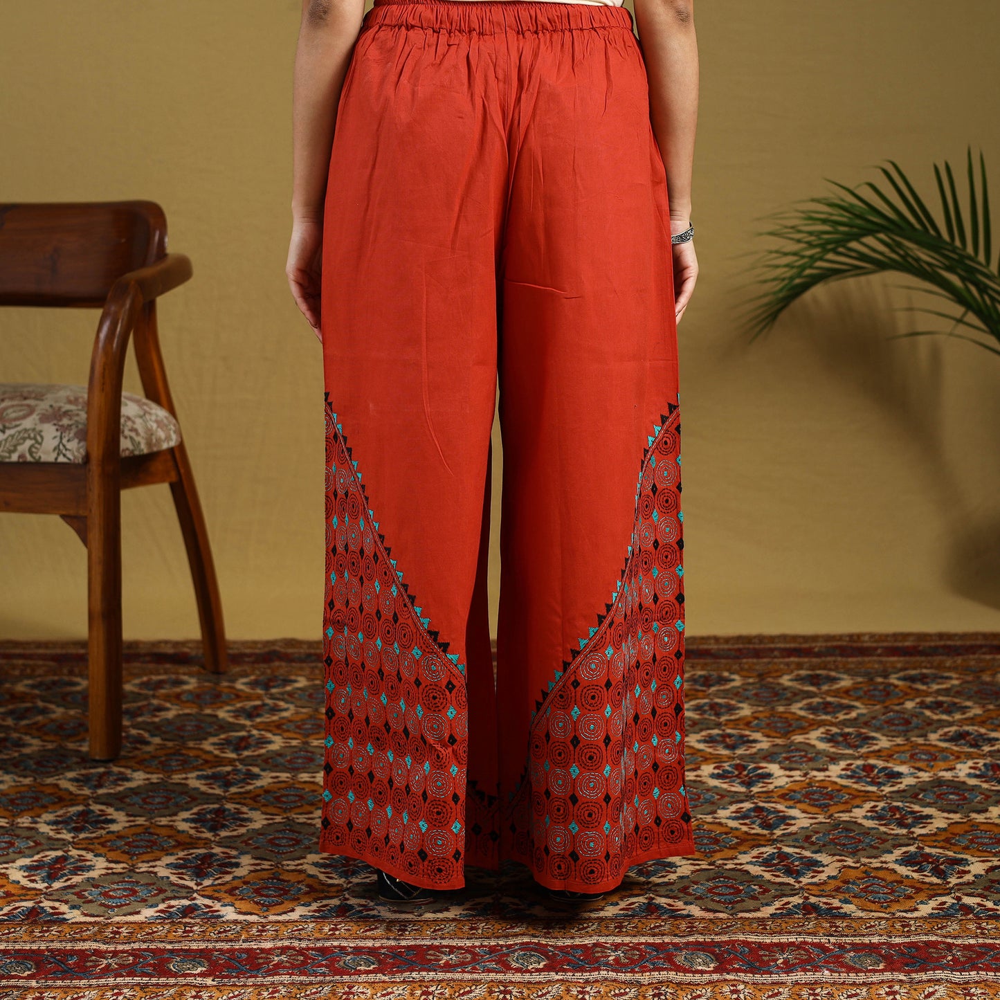 Buy Orange Cotton Bengal Kantha Hand Embroidery Palazzo