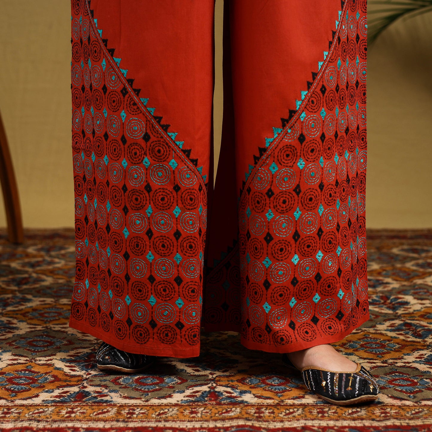 Buy Orange Cotton Bengal Kantha Hand Embroidery Palazzo