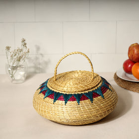  Beige Handmade Sikki Grass Multipurpose Basket with Lid 